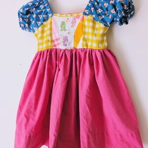 Colorful Patchwork Dress with Puff Sleeves